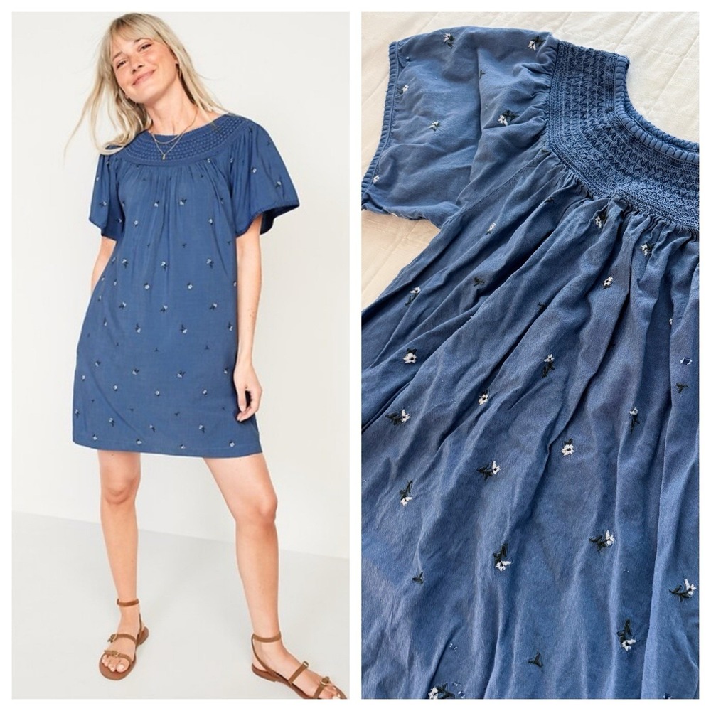 Old Navy Women's XS Smocked Dress Denim Floral Embroidered Swing Flutter Sleeve‎